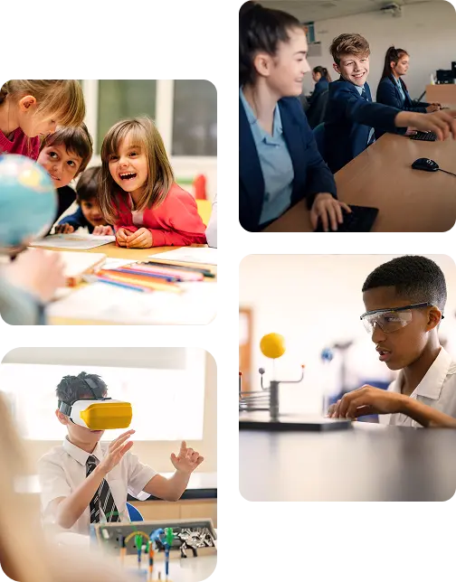 A collage of pupils in schools, young children with a globe, teenagers at computers, a pupil in a VR headset and another studying the solar system.